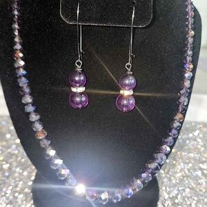 Necklace, faceted (Amethyst) 18 in, with purple / rhinestone earrings